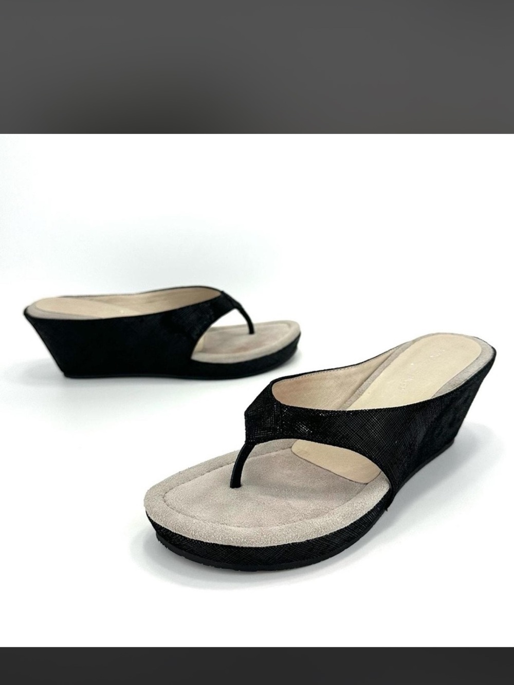Donald J. Pliner Black leather Wedge Thong Sandals with Beige suede Footbed